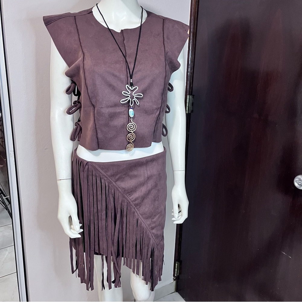 Brown Crop Top Mini Skirt Set with Side Ties, sz large